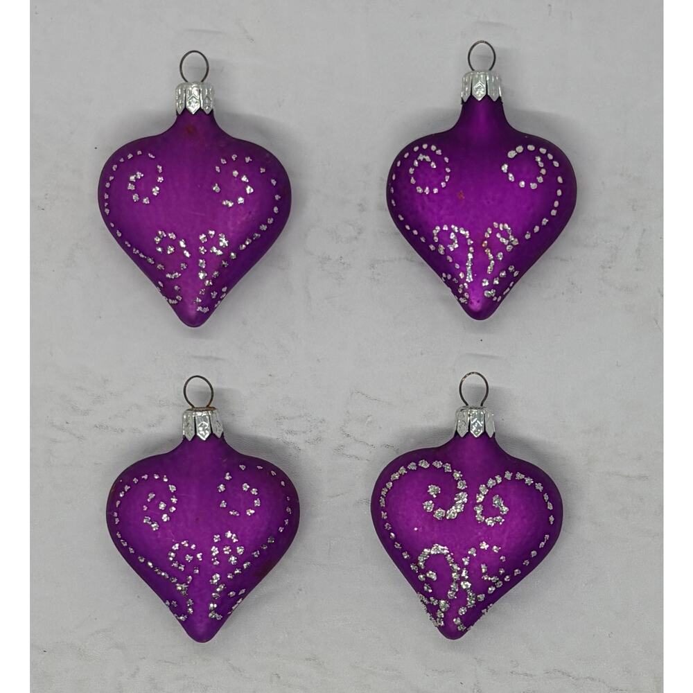 4 Vintage Glass Heart Christmas Ornaments Slovakia Purple With Silver Glitter
